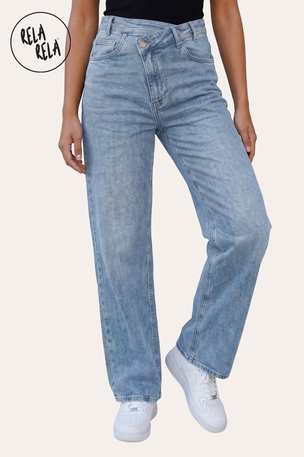 Stretchy Asymmetric Cross Front High Waist Wide Leg Jeans in Blue