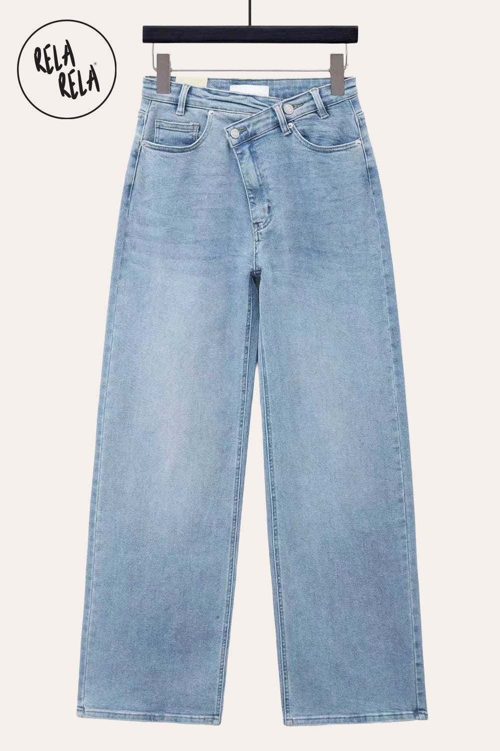 Stretchy Asymmetric Cross Front High Waist Wide Leg Jeans in Blue
