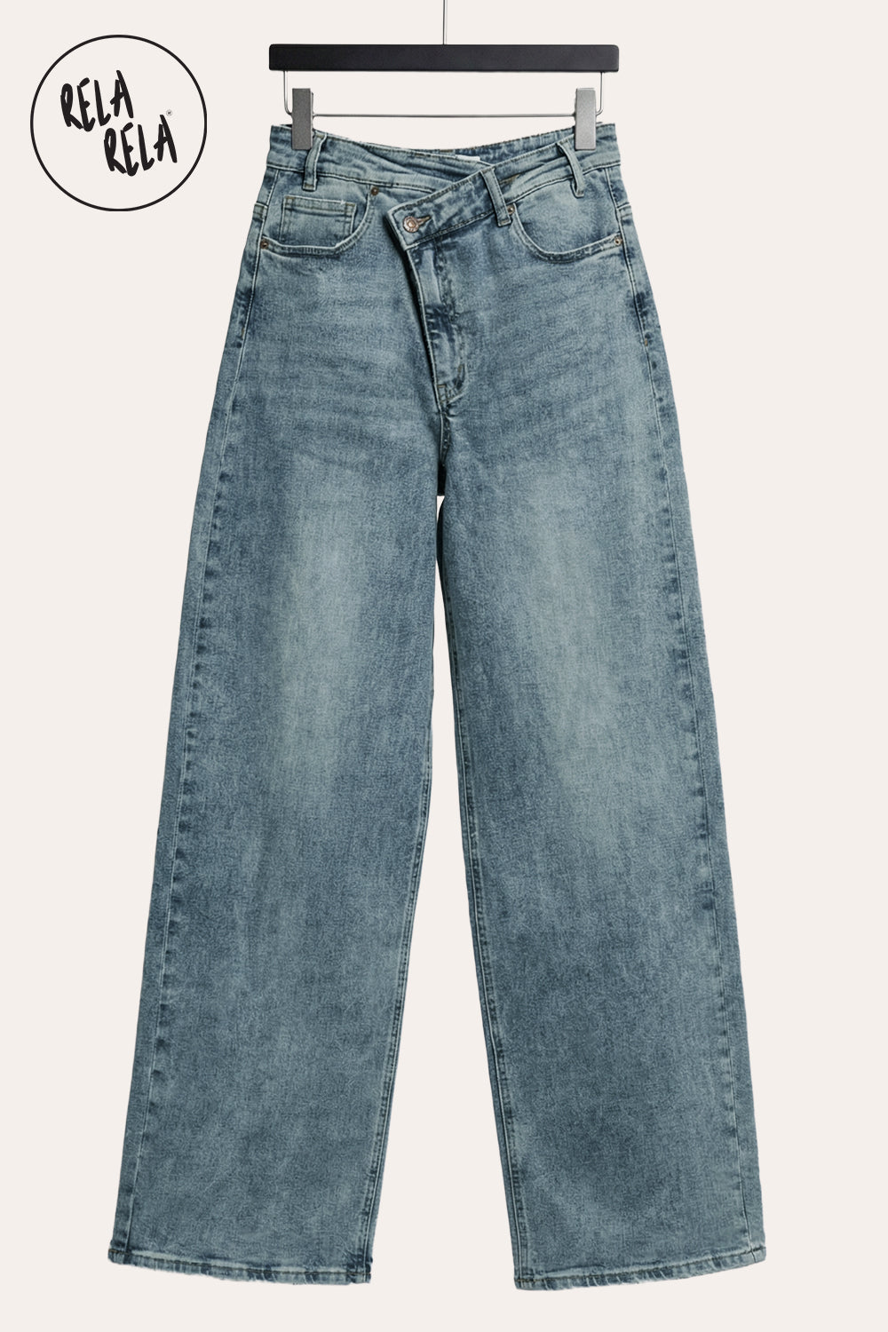 Stretchy Asymmetric Cross Front High Waist Wide Leg Jeans in Vintage Blue