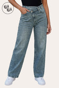 Stretchy Asymmetric Cross Front High Waist Wide Leg Jeans in Vintage Blue