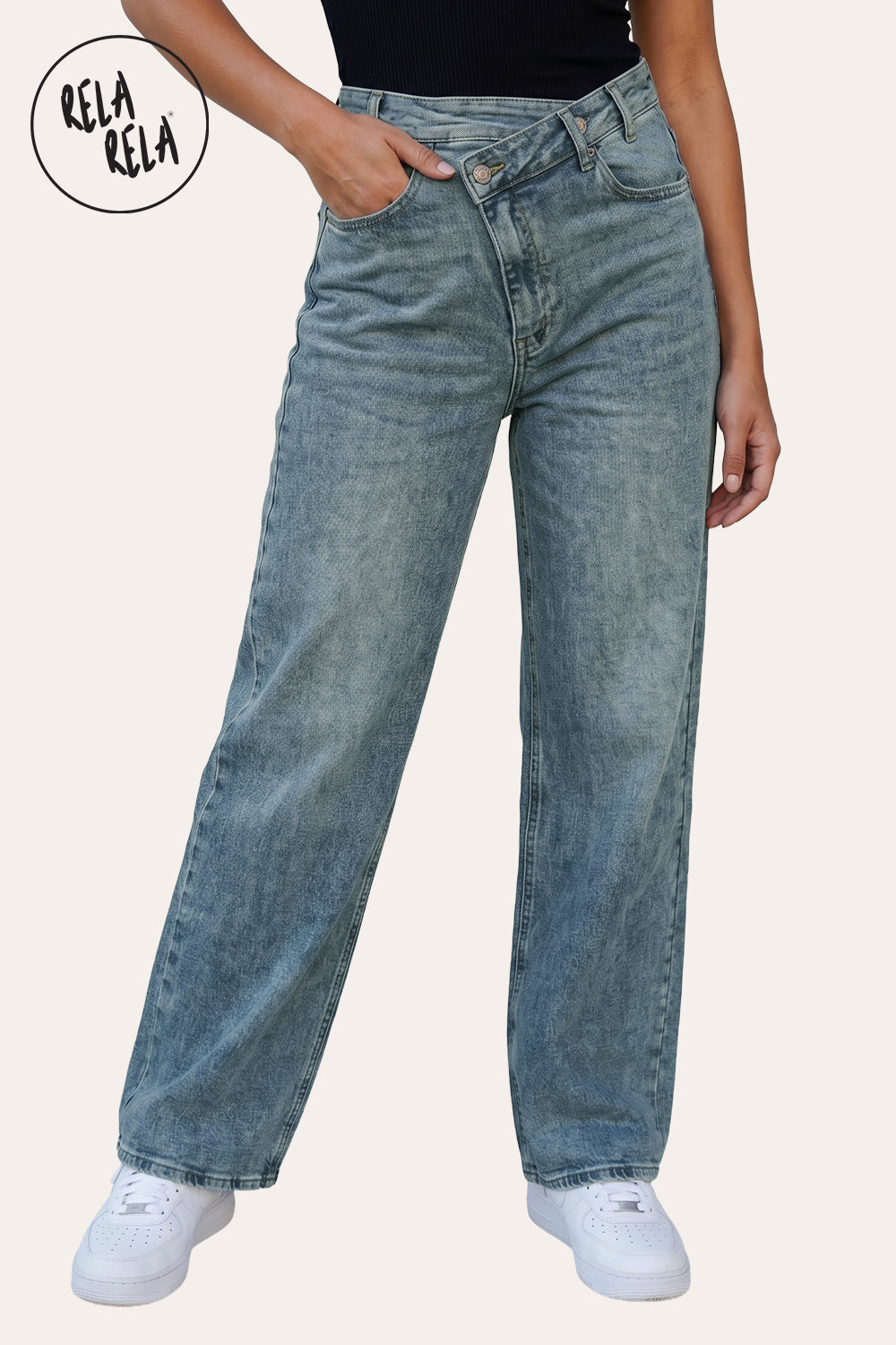 Stretchy Asymmetric Cross Front High Waist Wide Leg Jeans in Vintage Blue