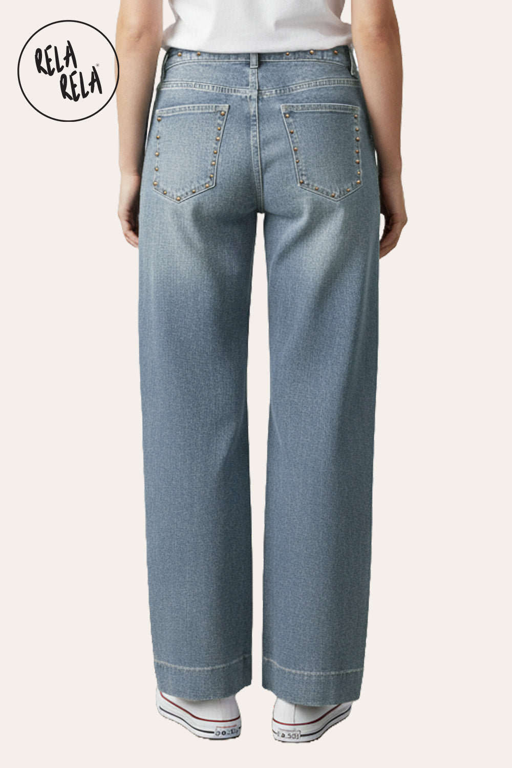Stretchy Studded Rivet Wide Leg Jeans in Vintage Blue