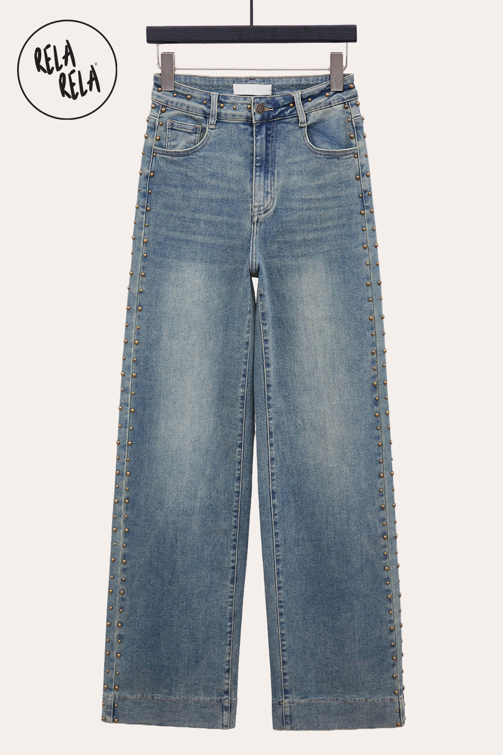 Stretchy Studded Rivet Wide Leg Jeans in Vintage Blue