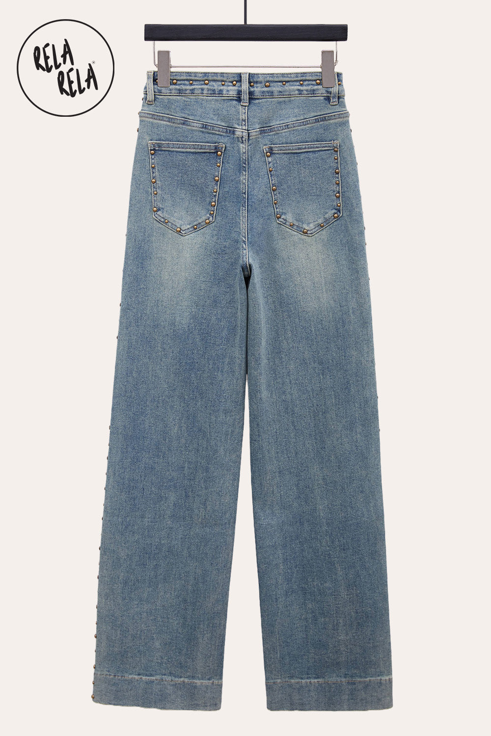 Stretchy Studded Rivet Wide Leg Jeans in Vintage Blue