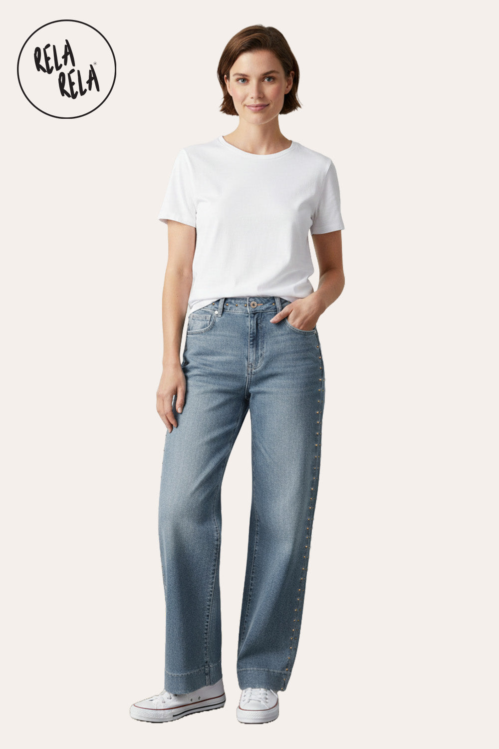Stretchy Studded Rivet Wide Leg Jeans in Vintage Blue
