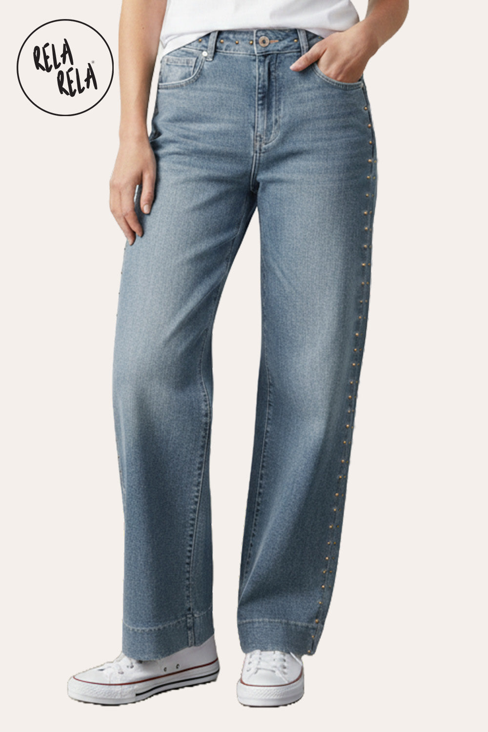 Stretchy Studded Rivet Wide Leg Jeans in Vintage Blue