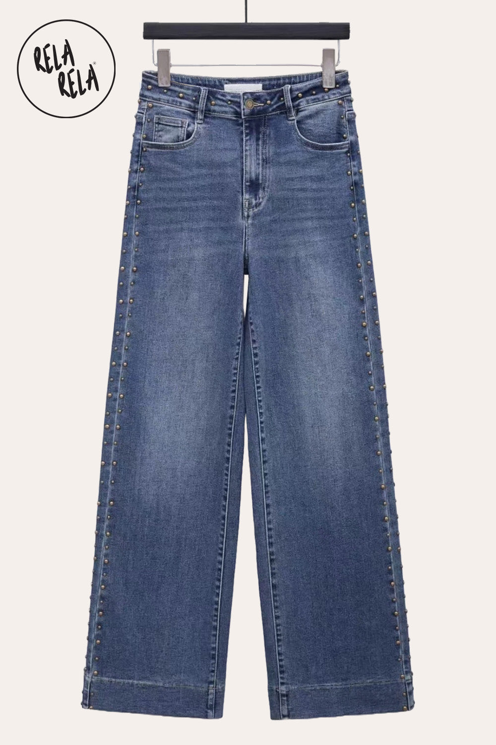 Stretchy Studded Rivet Wide Leg Jeans in Indigo Wash