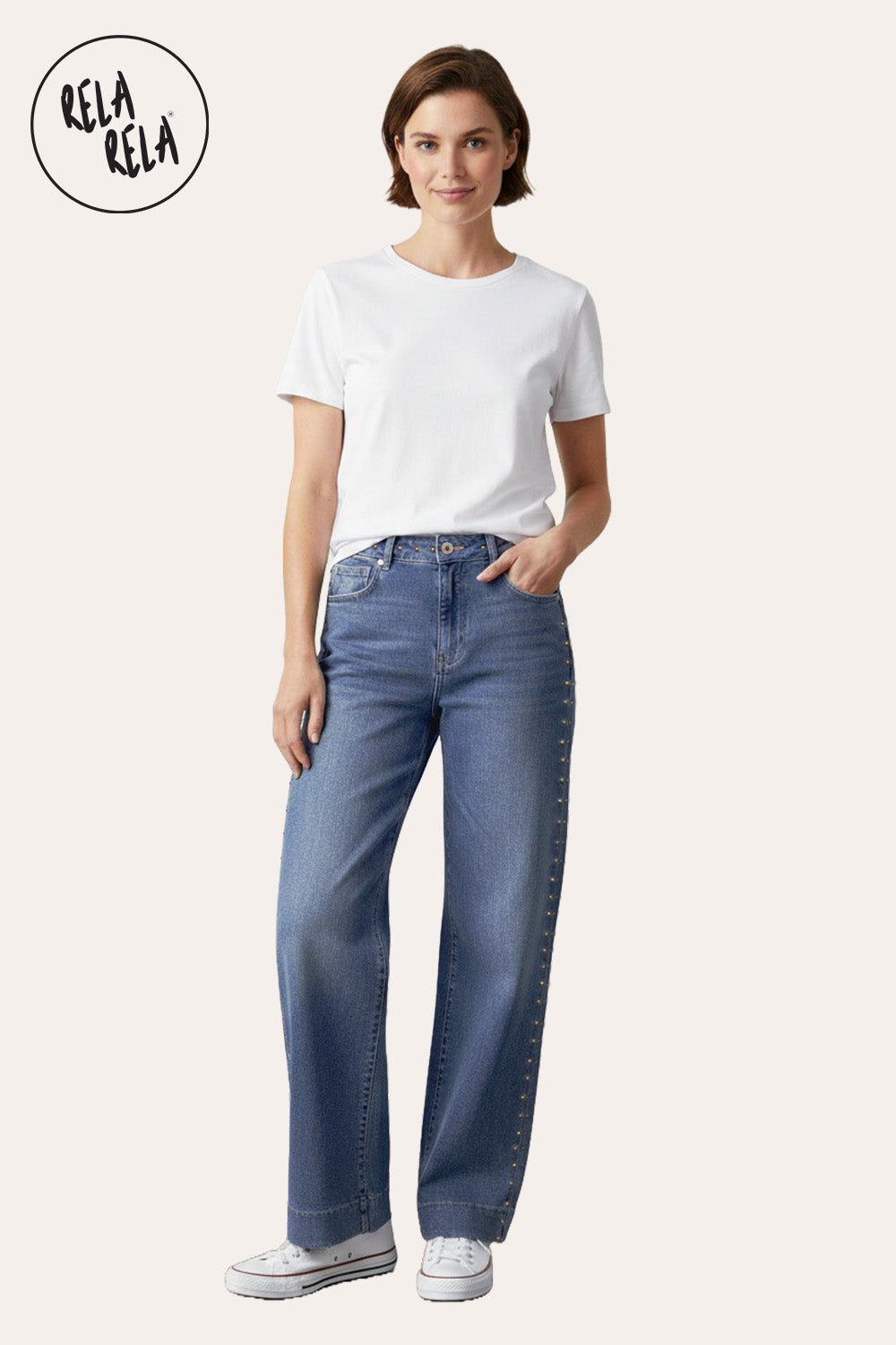 Stretchy Studded Rivet Wide Leg Jeans in Indigo Wash