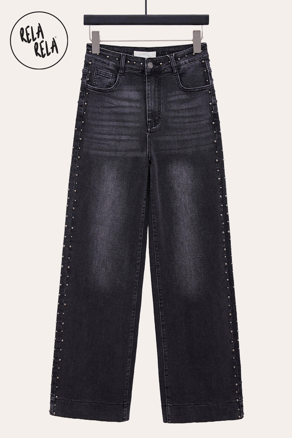 Stretchy Studded Rivet Wide Leg Jeans in Charcoal