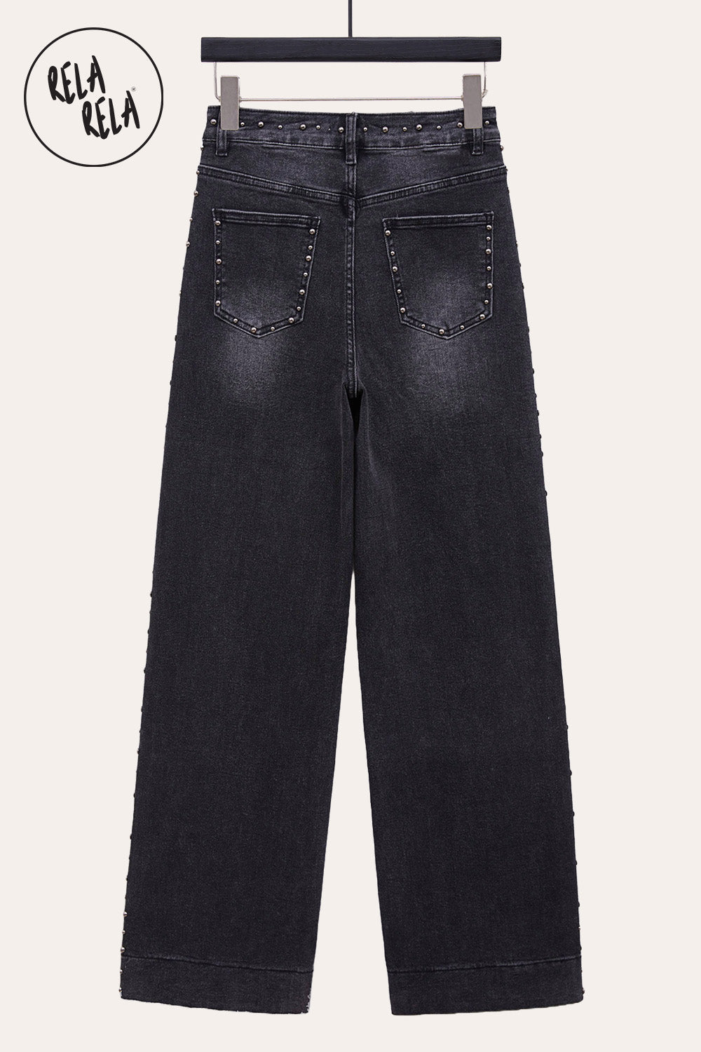 Stretchy Studded Rivet Wide Leg Jeans in Charcoal