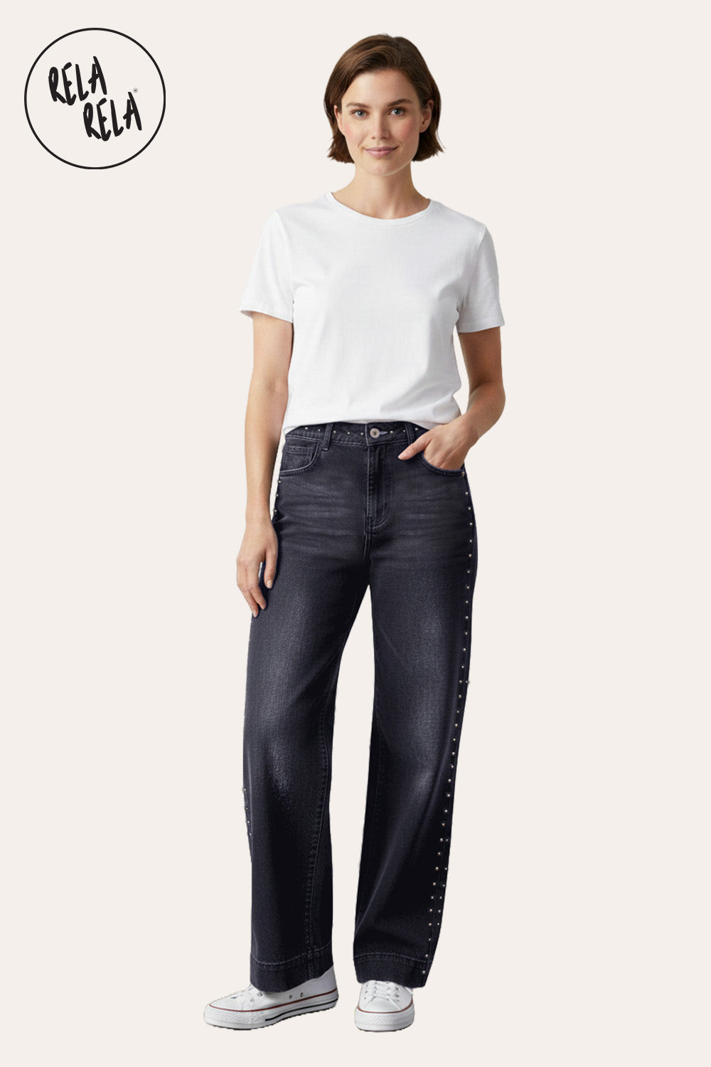 Stretchy Studded Rivet Wide Leg Jeans in Charcoal