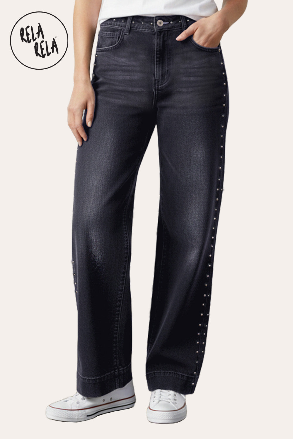 Stretchy Studded Rivet Wide Leg Jeans in Charcoal