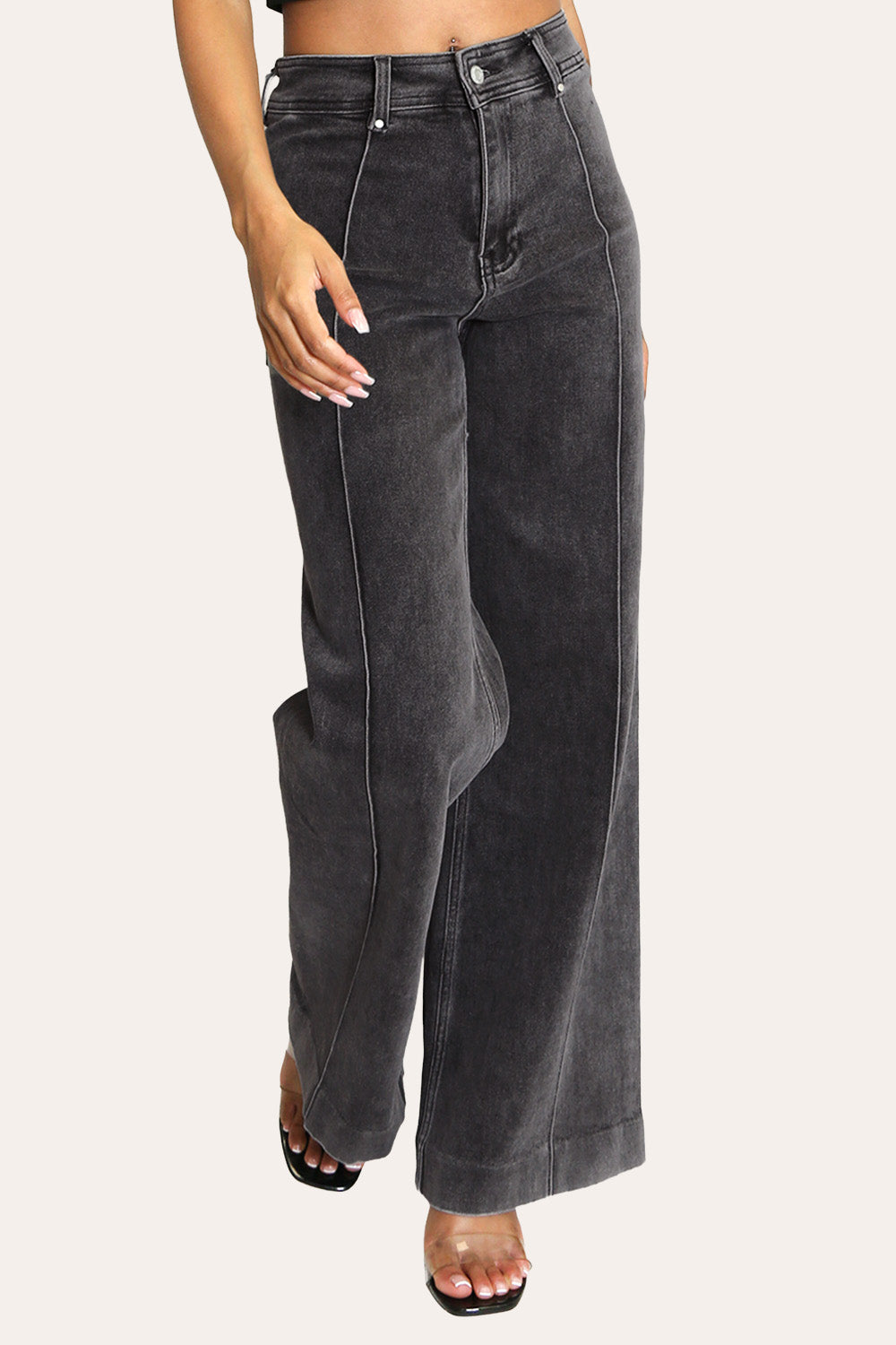 Pintuck Flare Jeans with Front Seam in Dark Grey