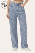 Blue Leopard Print Viral Stretchy Wide Leg Jeans