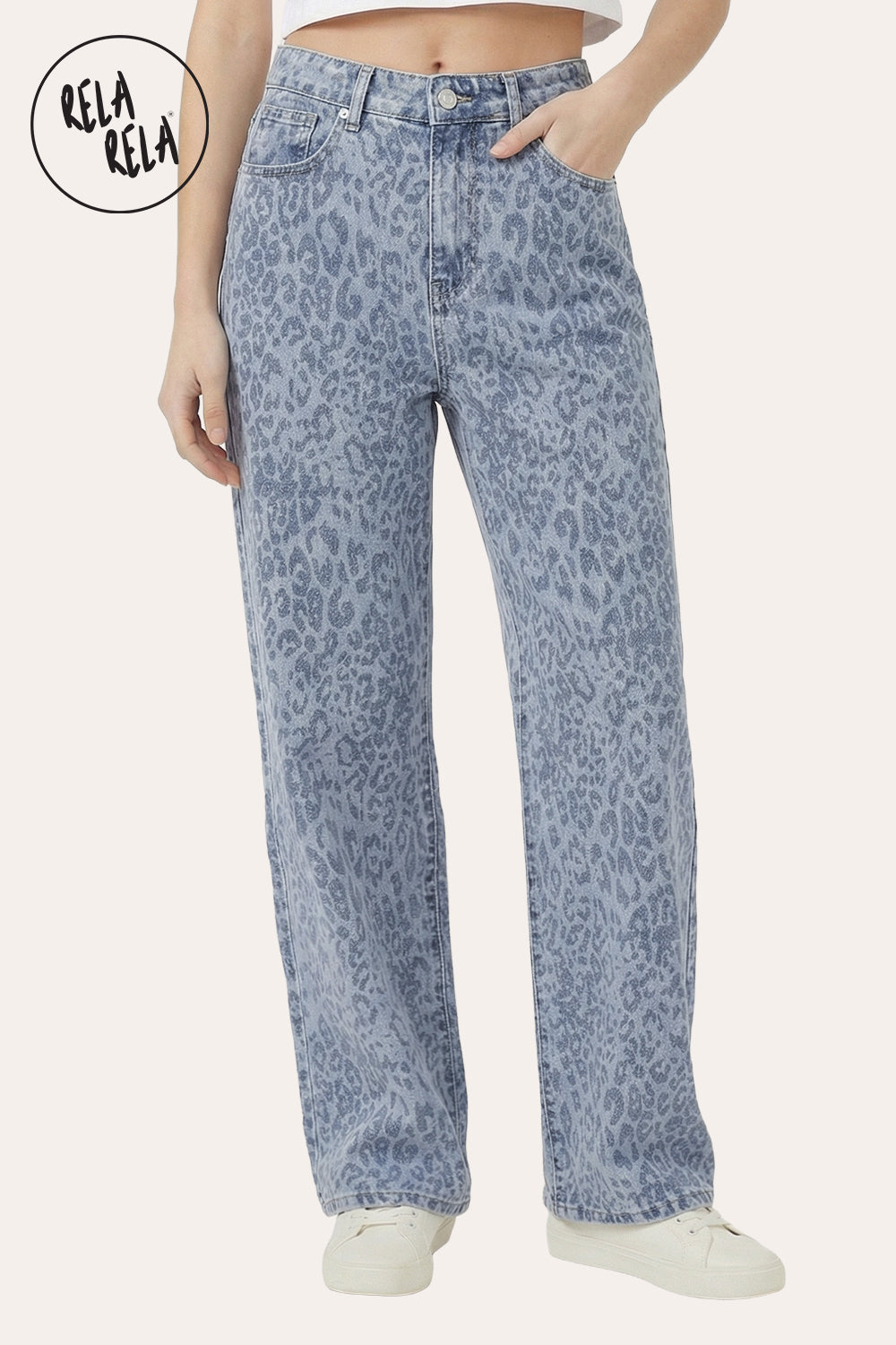 Blue Leopard Print Viral Stretchy Wide Leg Jeans