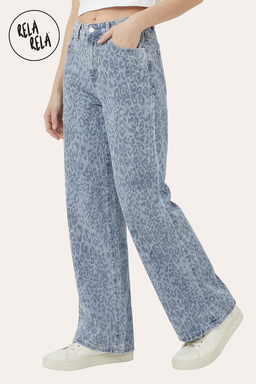 Blue Leopard Print Viral Stretchy Wide Leg Jeans