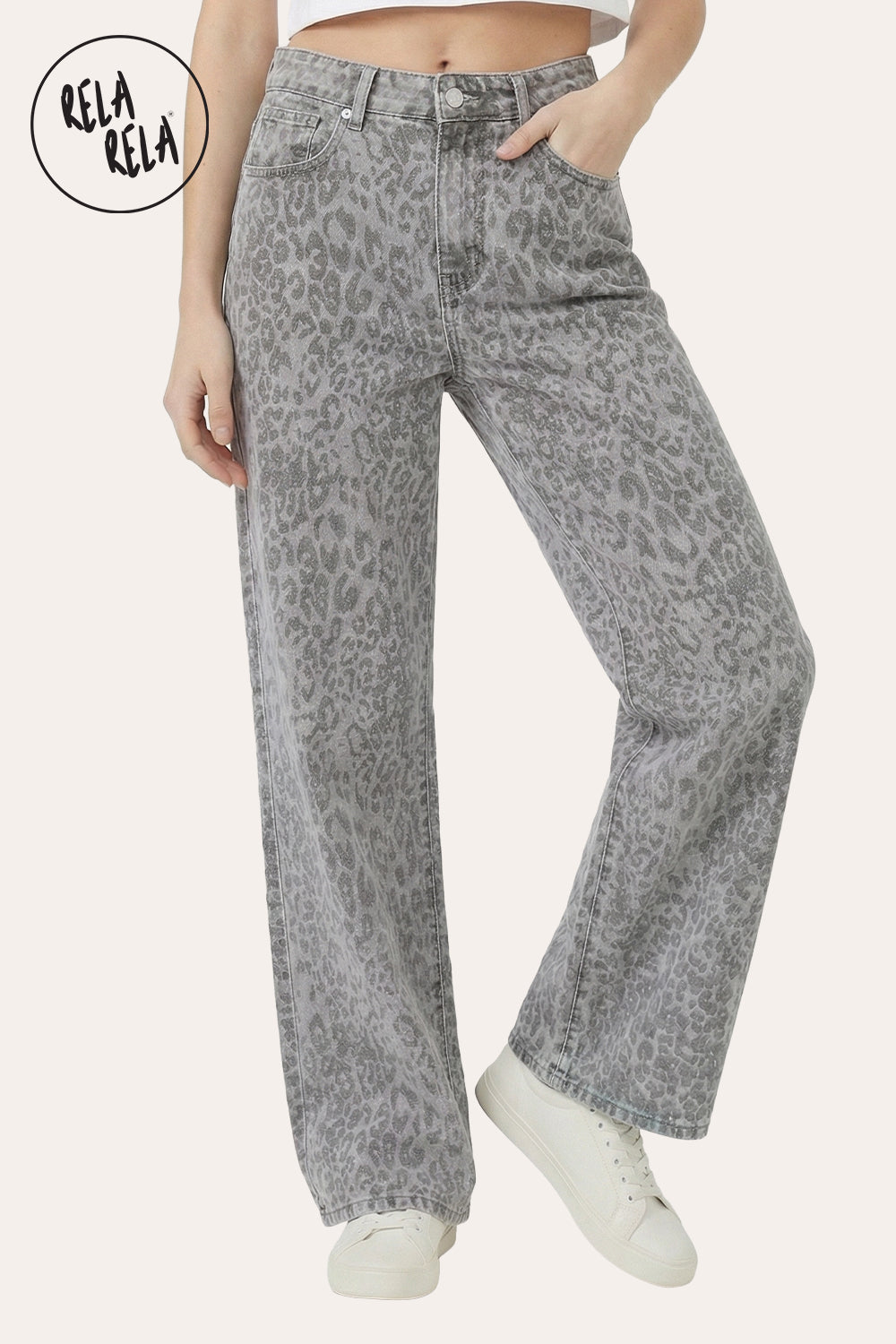 Grey Leopard Print Viral Stretchy Wide Leg Jeans