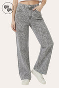 Grey Leopard Print Viral Stretchy Wide Leg Jeans