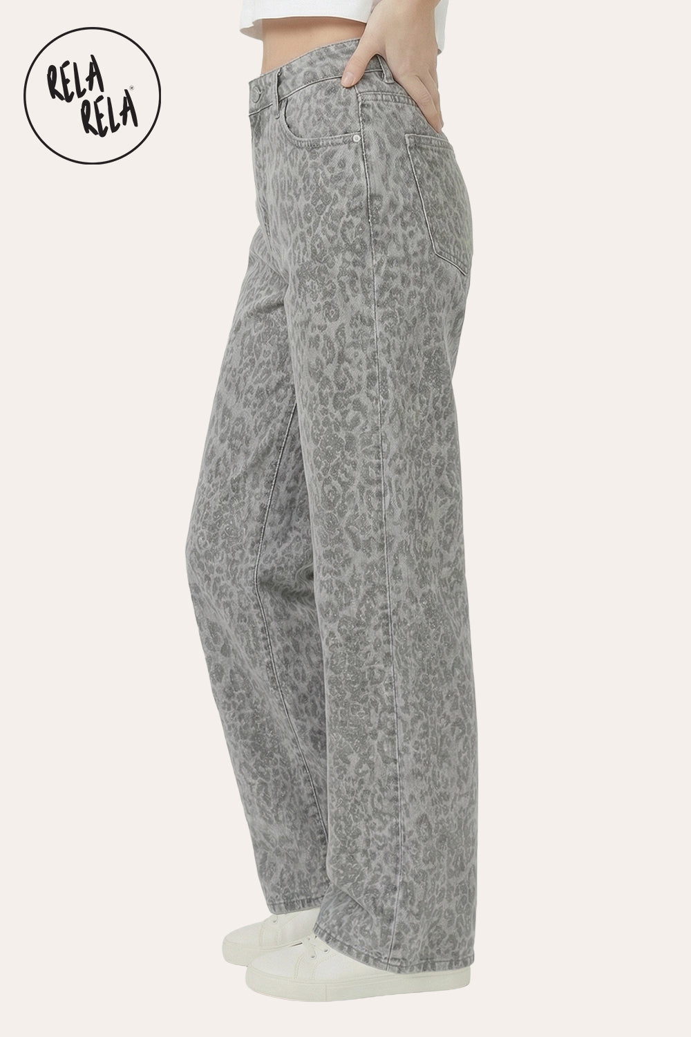 Grey Leopard Print Viral Stretchy Wide Leg Jeans