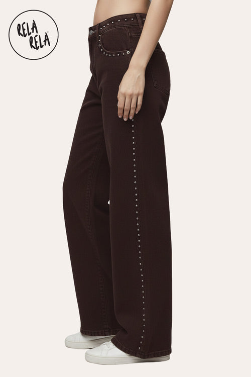 Chocolate Wide Leg Dad Fit Viral Stretchy Jeans with Stud Details
