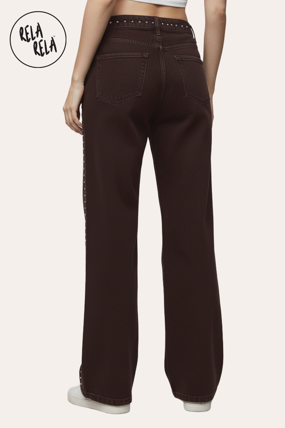 Chocolate Wide Leg Dad Fit Viral Stretchy Jeans with Stud Details