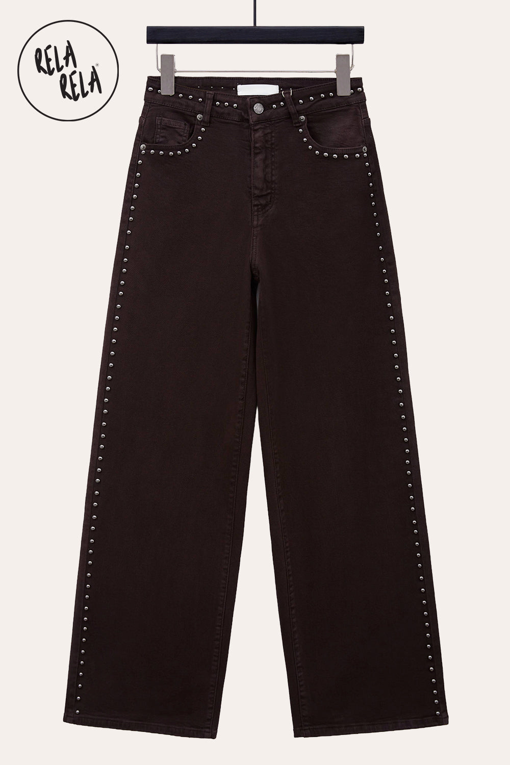 Chocolate Wide Leg Dad Fit Viral Stretchy Jeans with Stud Details