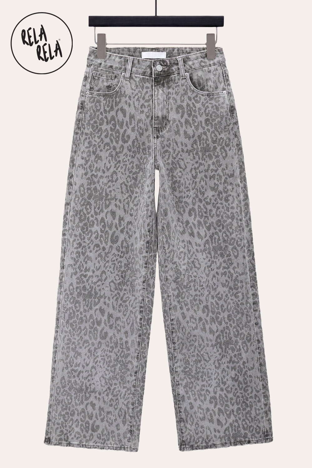 Grey Leopard Print Viral Stretchy Wide Leg Jeans