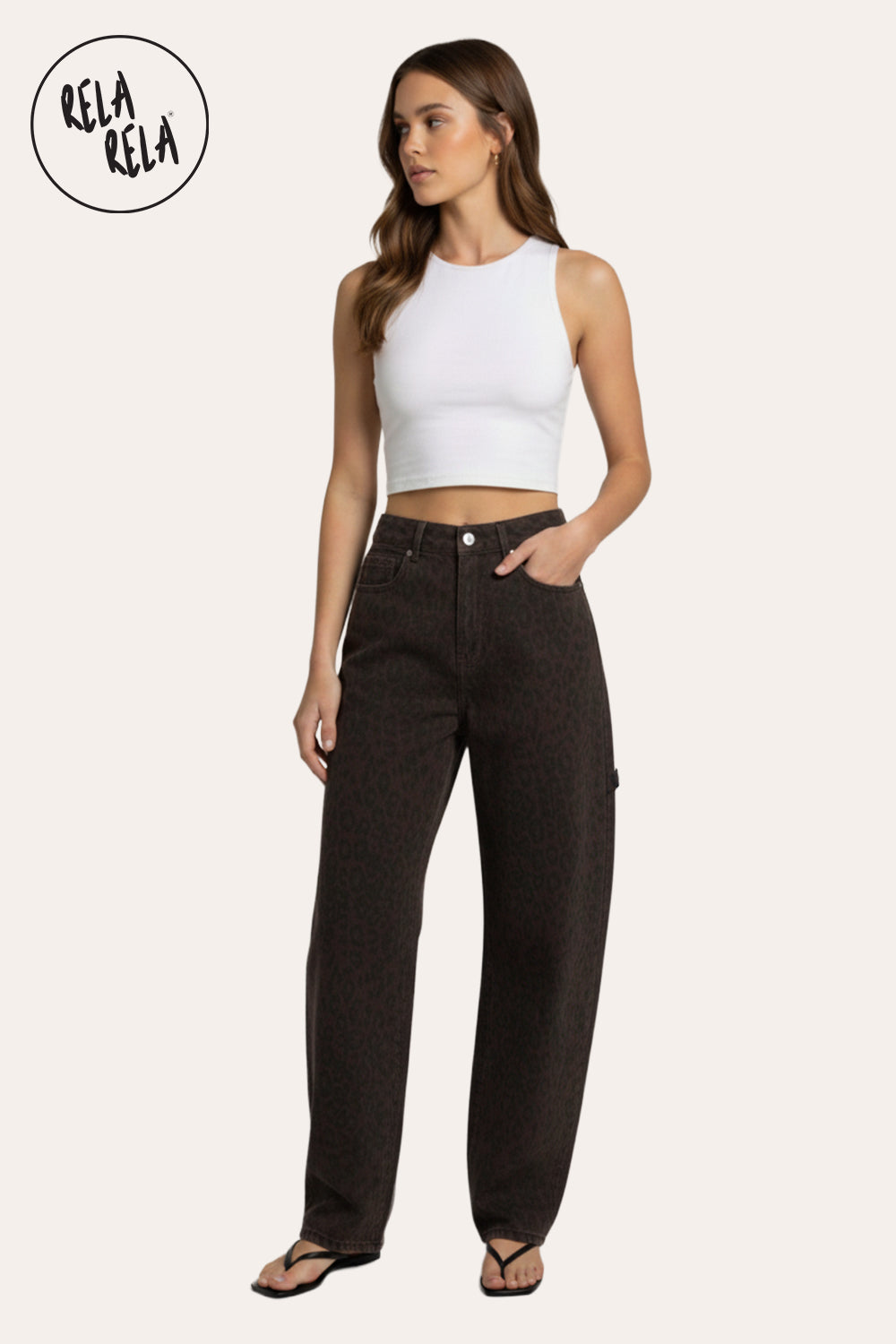 Stretchy Leopard Print Balloon Fit  Barrel Jeans