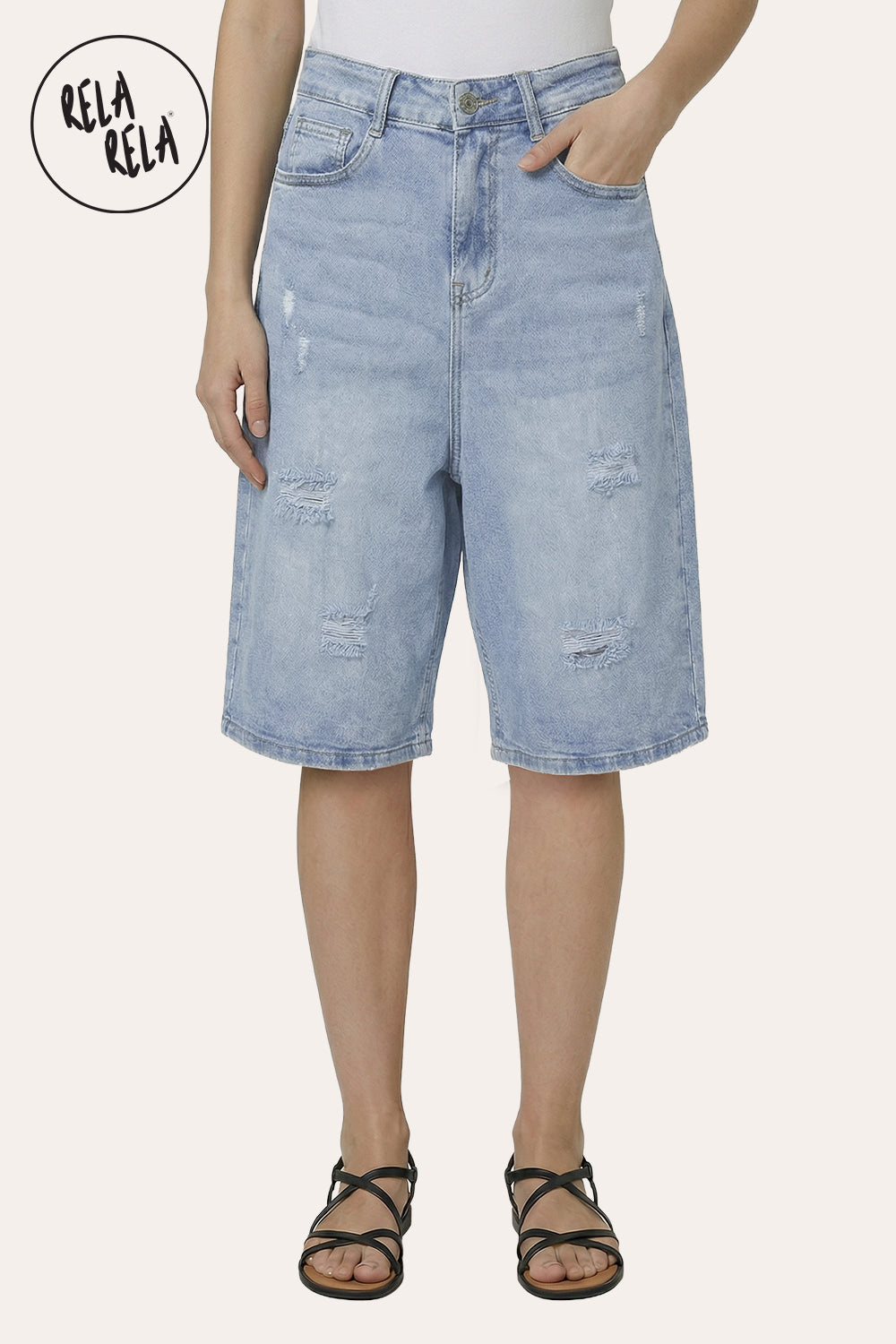 Distressed Baggy Fit Denim Jorts in Light Blue