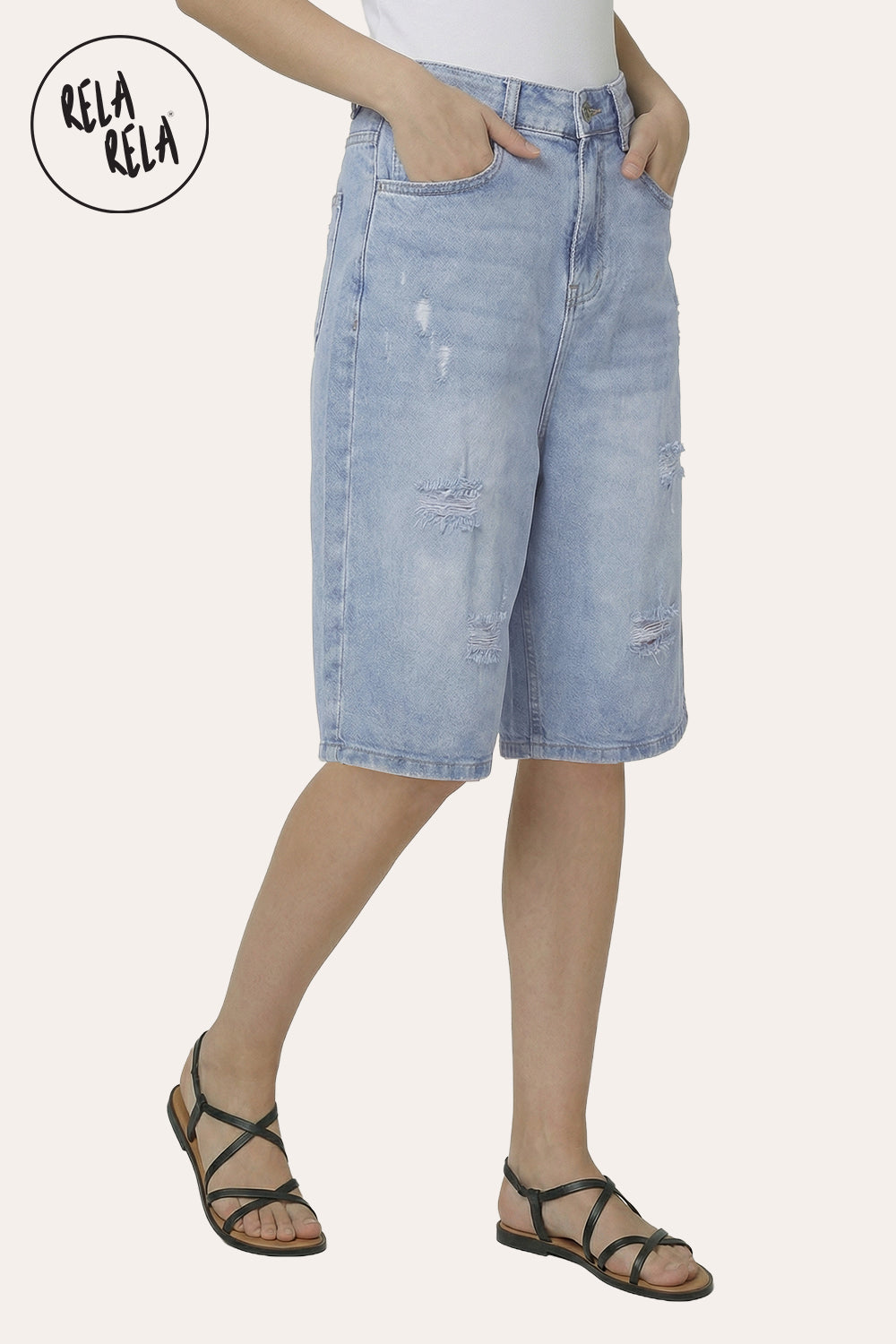 Distressed Baggy Fit Denim Jorts in Light Blue
