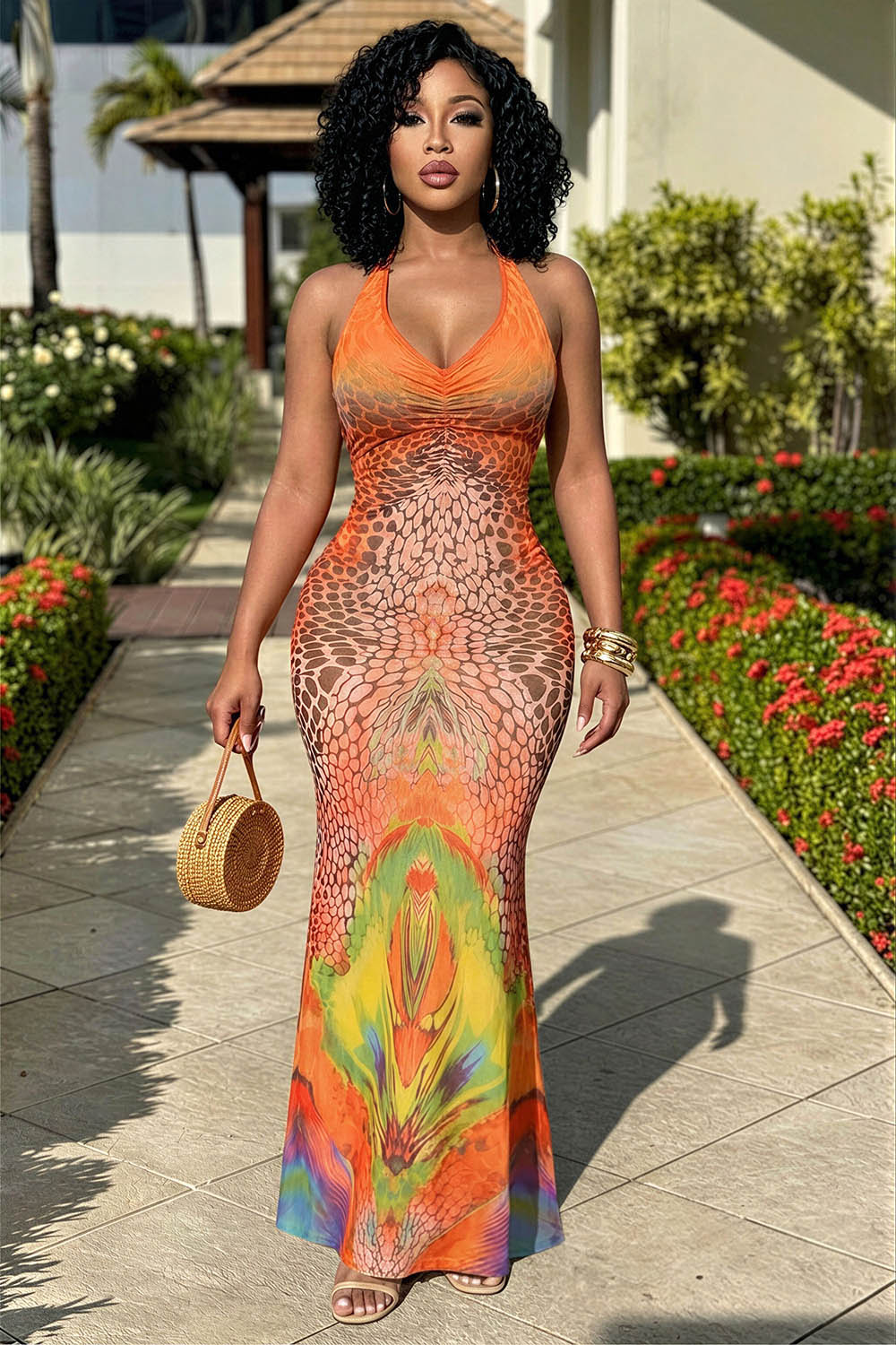 Halter Backless Animal Print Slim Vacation Maxi Dresses-Orange