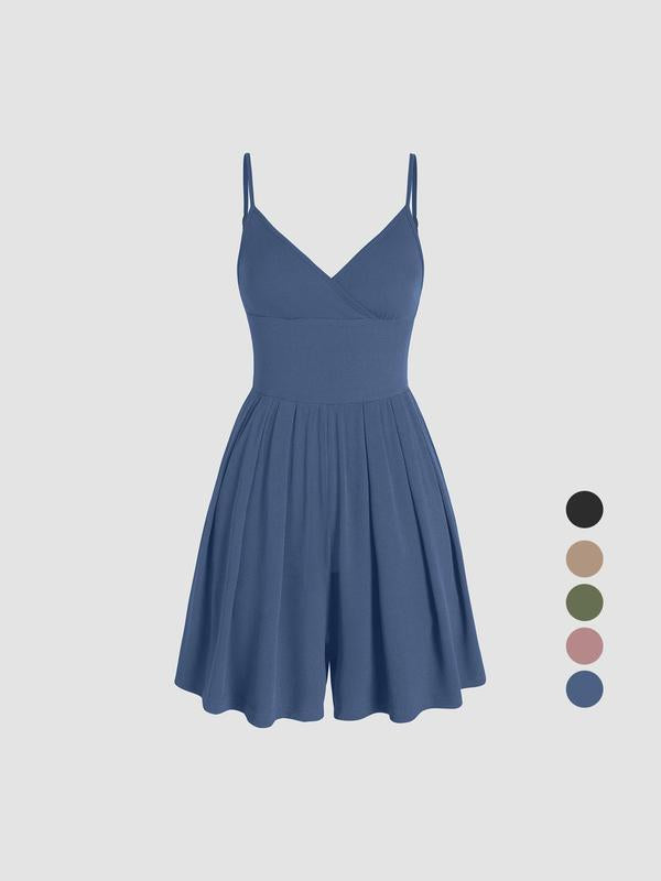 Women's Plain Backless Wrap Cami Romper, Casual Adjustable Spaghetti Strap Wide Leg Romper, Summer Outfits 2025, Ladies Clothes for Daily Wear