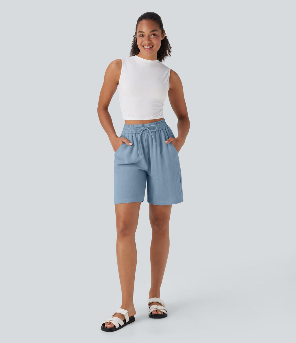 High Waisted Drawstring Casual Linen-Feel Shorts with Pockets