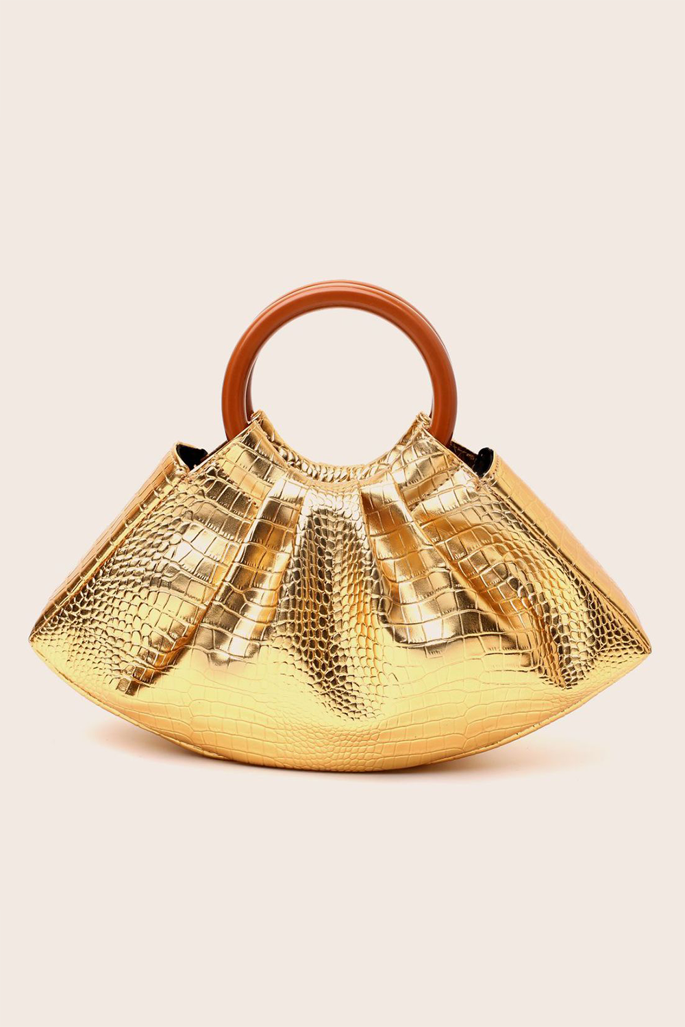 Faux Crocodile Pattern Glossy PU Leather Ruched Handbag