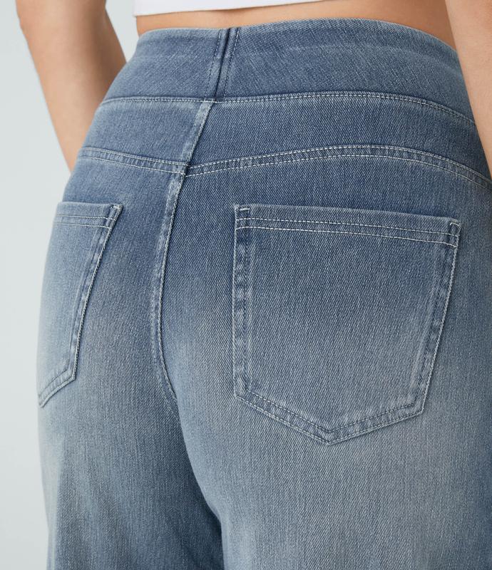2026🔥 FlexTM High Waisted Multiple Pockets Baggy Wide Leg Washed Stretchy Knit Casual Jeans