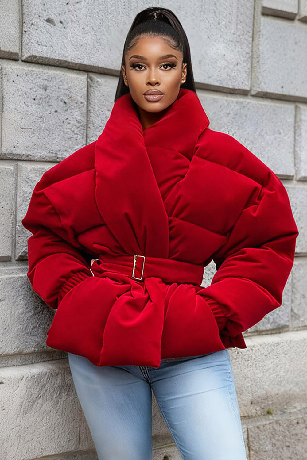 High Neck Long Sleeve Solid Color Crop Padded Coat-Black