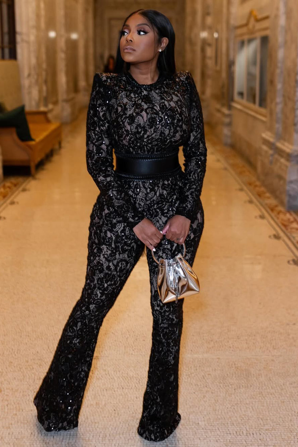 Sheer Lace Long Sleeve Cinch Waist Slim Fit Party Jumpsuit-Black