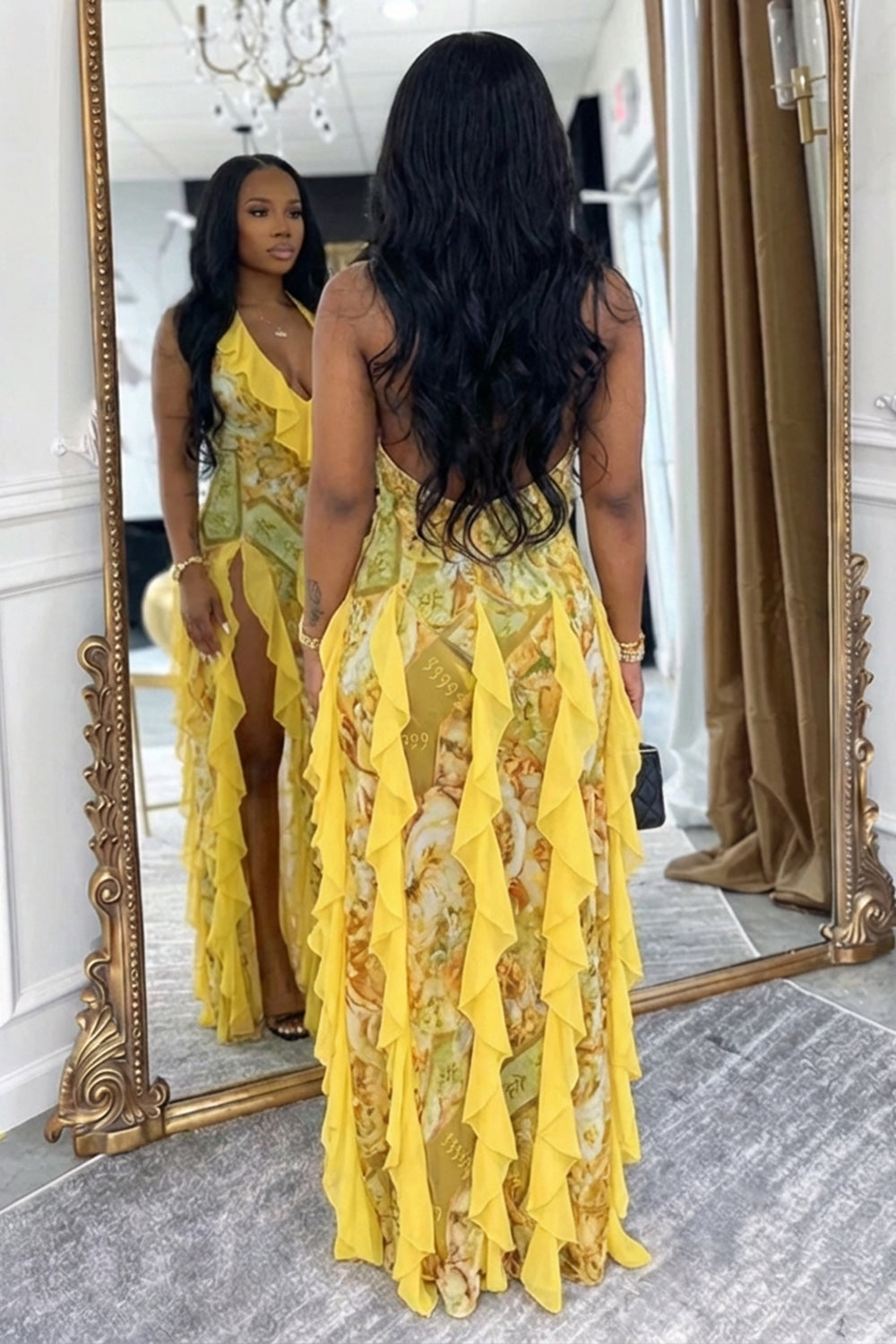 Halter Backless Ruffle Trim High Slit Floral Maxi Dresses-Yellow