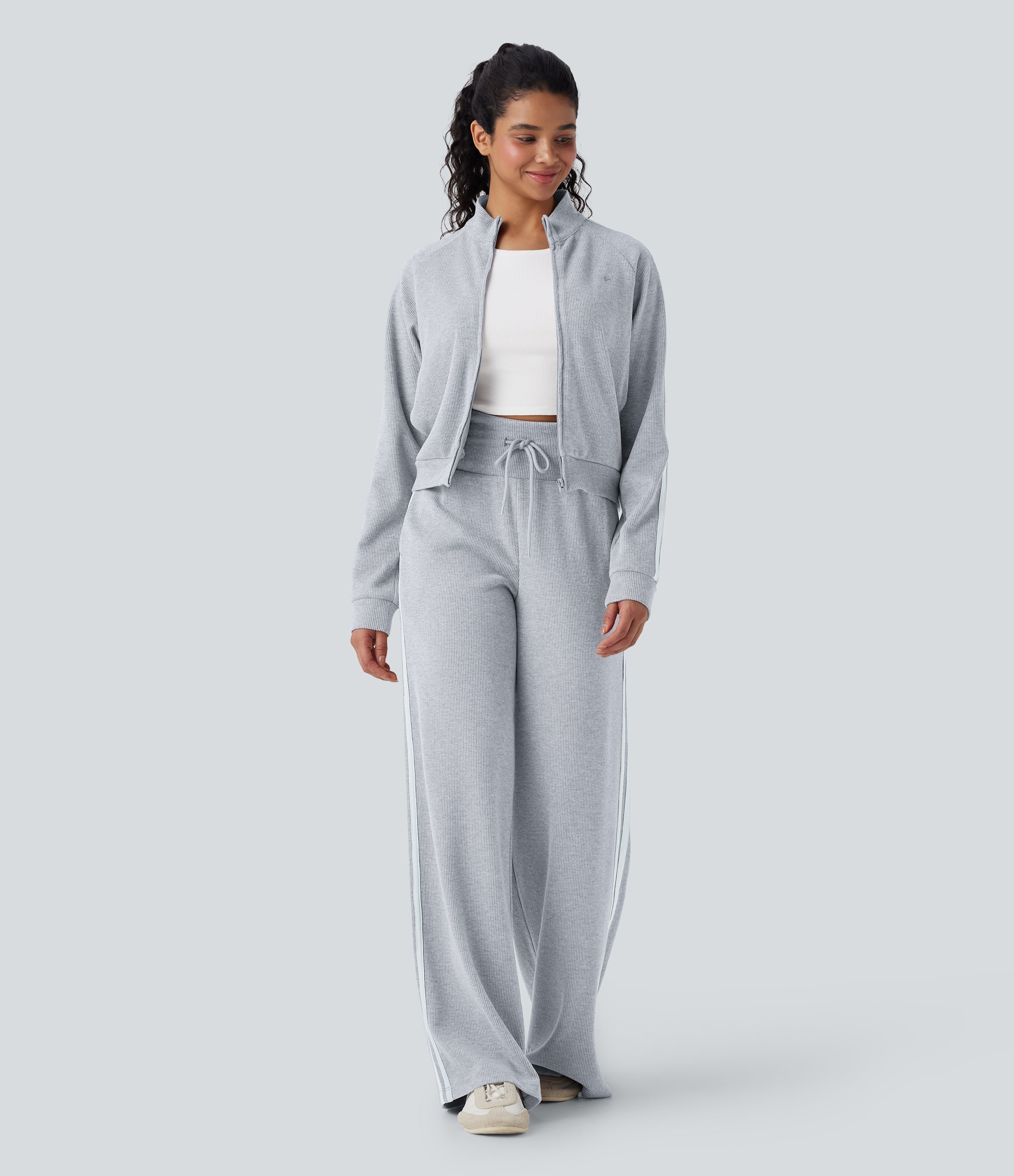 2026🔥 Ribbed SoCinched High Waisted Tummy Control Drawstring Wide Leg Color Block Casual Trousers with Pockets