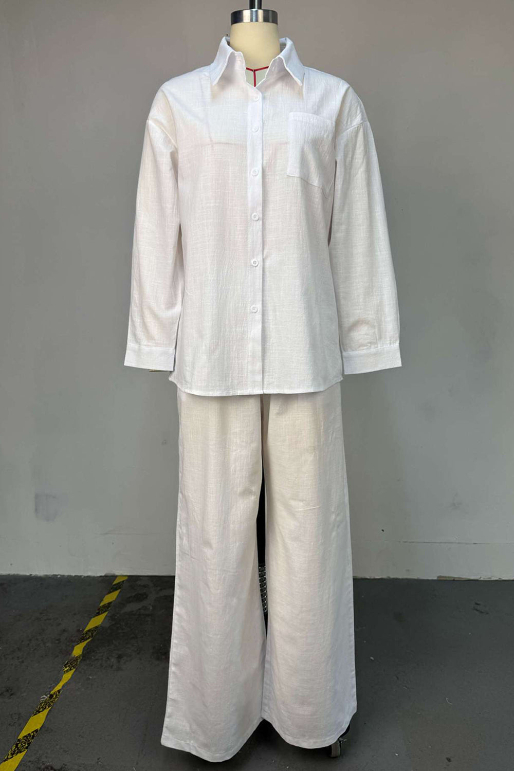 Patch Pocket Turndown Collar Long Sleeve Shirt Wide Leg Pants 2pcs Set-White