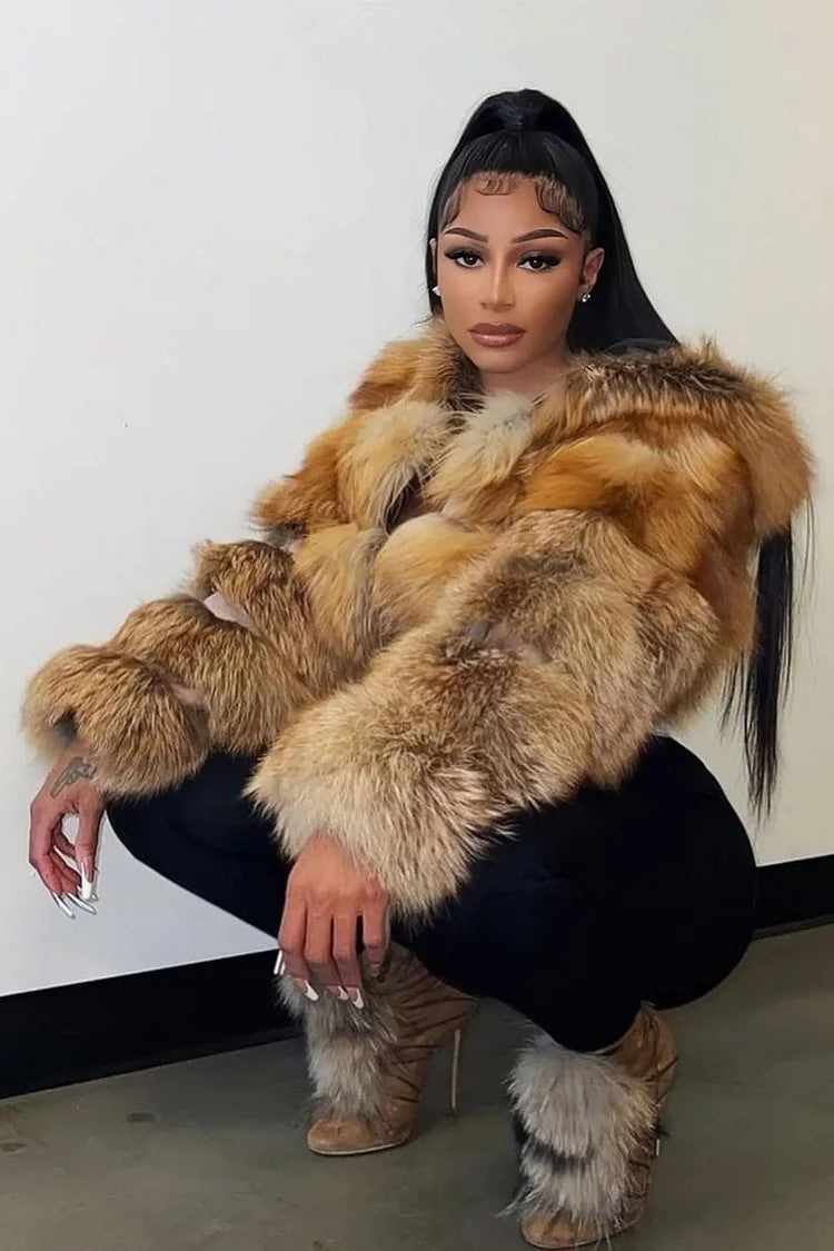 Ombre Faux Fur Zip-Up Hoodie Long Sleeve Crop Jacket-Red
