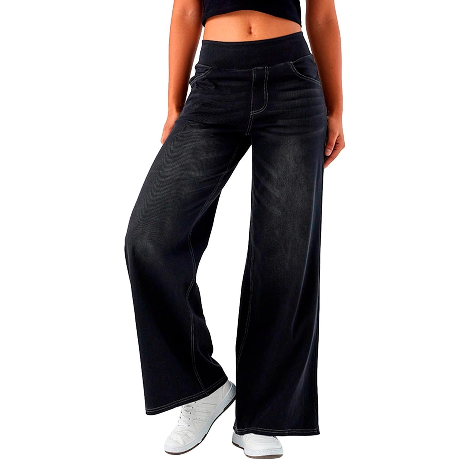 2026🔥 FlexTM High Waisted Multiple Pockets Baggy Wide Leg Washed Stretchy Knit Casual Jeans
