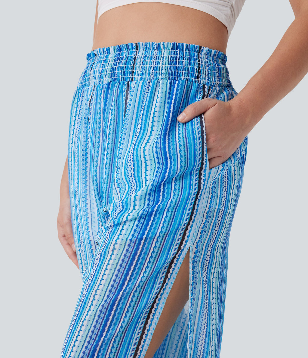 High Waisted Shirred 2-in-1 Stripe Casual Joggers with Pockets