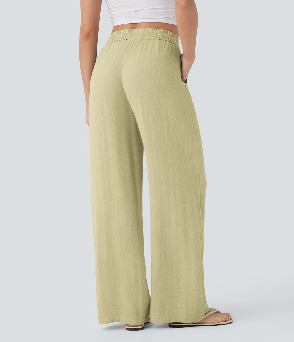 2026🔥 High Waisted Drawstring Pocket Wide Leg Casual Linen-Feel Pants
