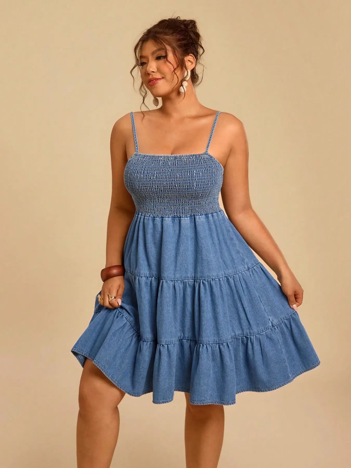 Women's Sweet Boho Style Plus Size Soft Denim Halter Dress, Thin Straps, Square Neck, Summer Floral Print, Fuzzy Denim Skirt