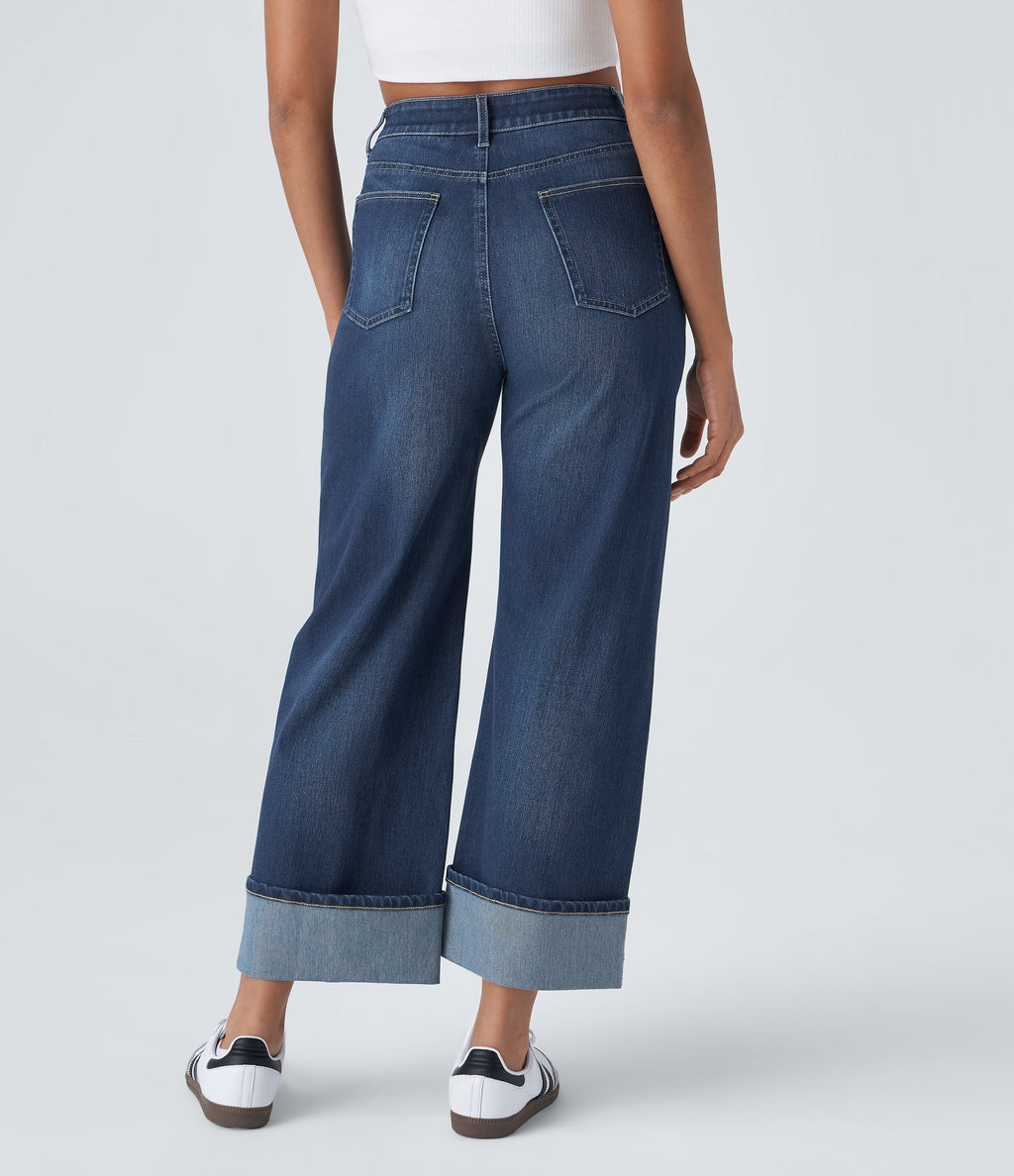 FlexTM High Waisted Multiple Pockets Rolled Hem Wide Leg Washed Stretchy Knit Casual Jeans