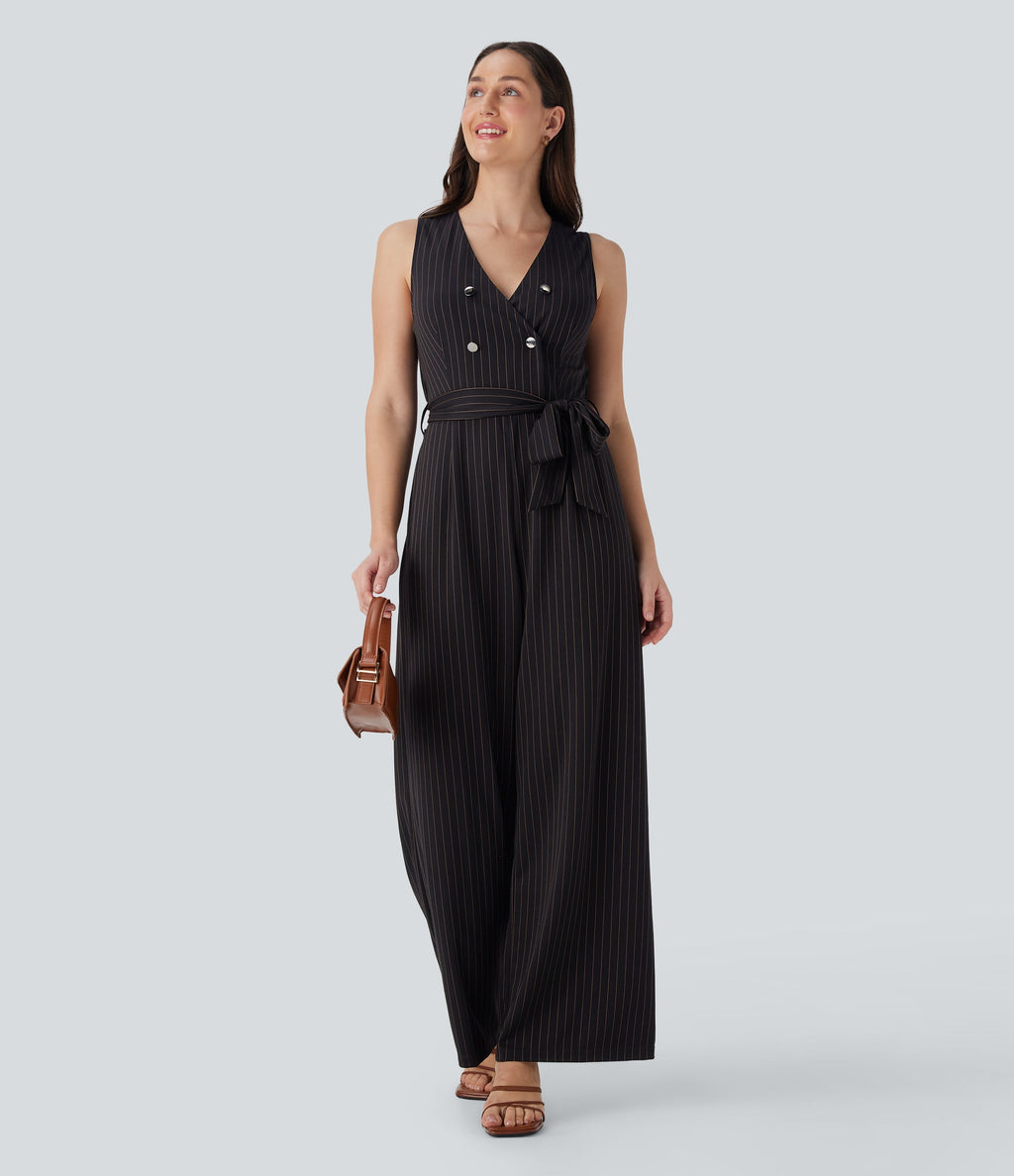 V Neck Sleeveless Belted Stripe Cool Touch Work Jumpsuit with Pockets-Easy Peezy