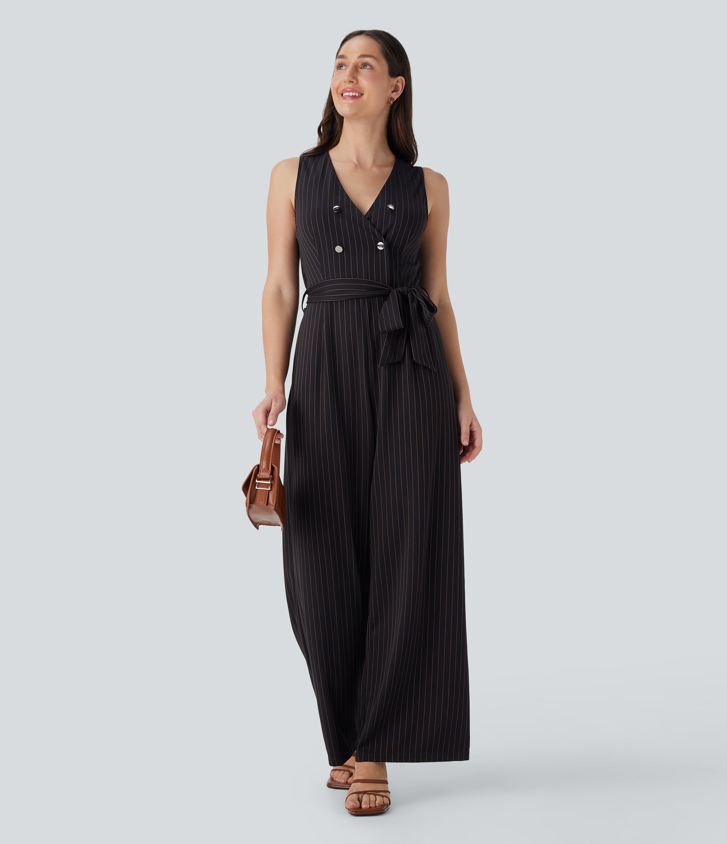 V Neck Sleeveless Belted Stripe Cool Touch Work Jumpsuit with Pockets-Easy Peezy