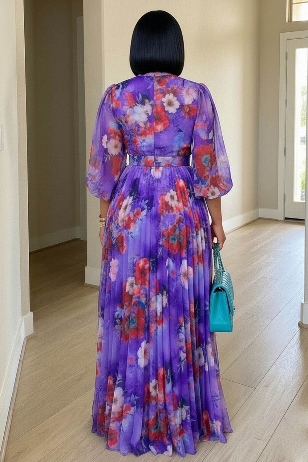 Tie Neck Balloon Sleeve Floral Pleated Casual Maxi Dresses-Purple