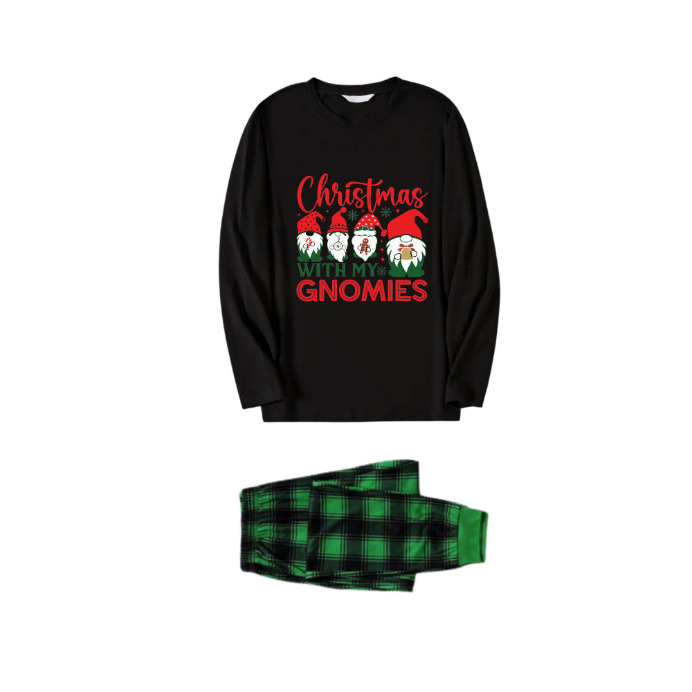 Christmas Family Matching Pajamas-Black Top and Green Plaid Pants Pjs Set with Gnome Family and "Christmas With My Gnomies" Print